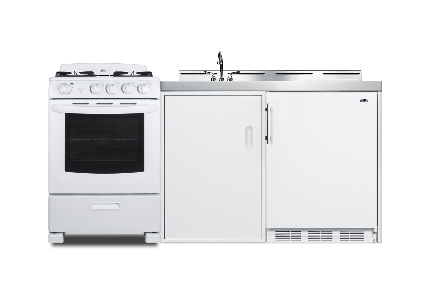 72 inch wide all-in-one kitchenette with 115V 4-burner gas range, refrigerator-freezer, sink, cutting board and cutlery storage, and a storage cabinet